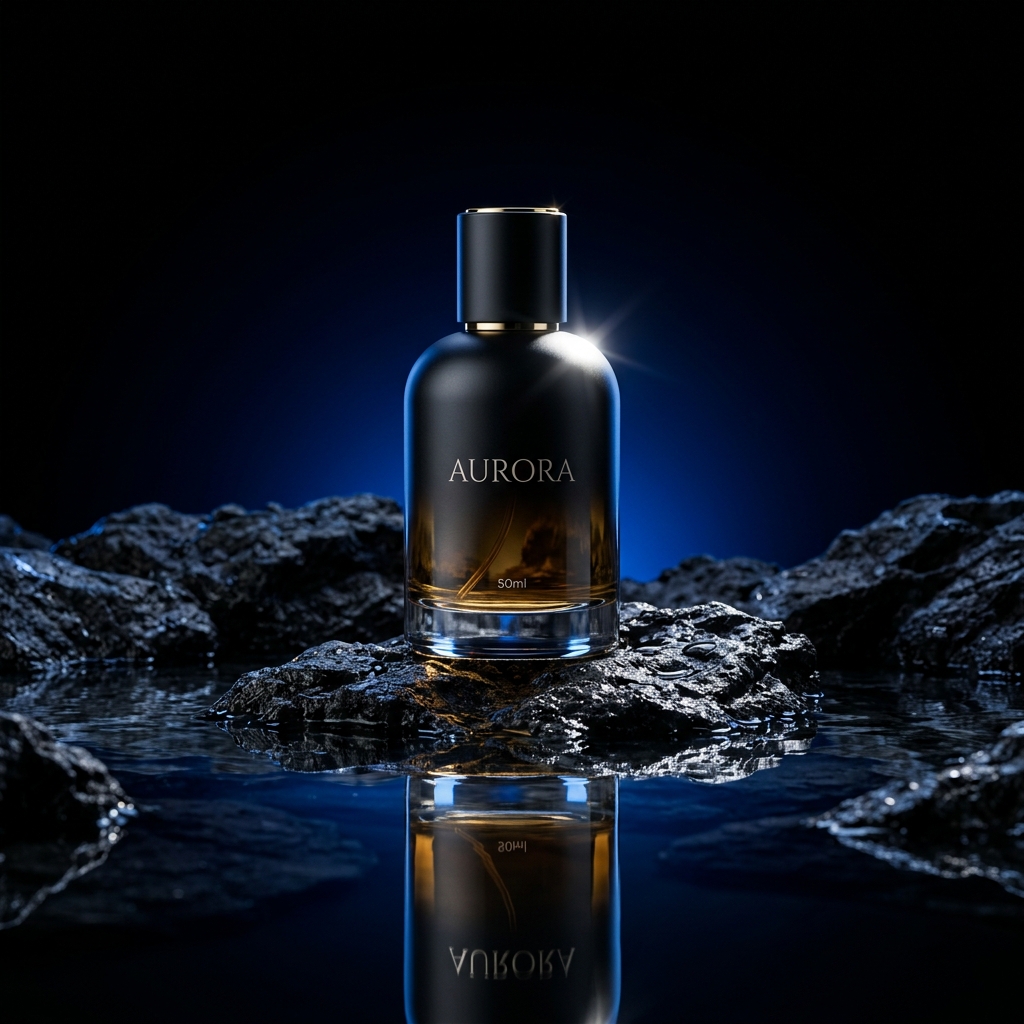 Cinematic commercial product photography of a luxury perfume bottle on volcanic rock with water reflections